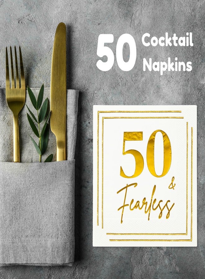Cloverjoyed 50th Birthday Cocktail Napkins, Gold 50 Years Old Bday Party Decorations, "50 & Fearless" Disposable Paper Napkin Decor for Women & Men, Milestone Anniversary Celebration, Fabulous Gift Ideas, 50 Pack - Image 5